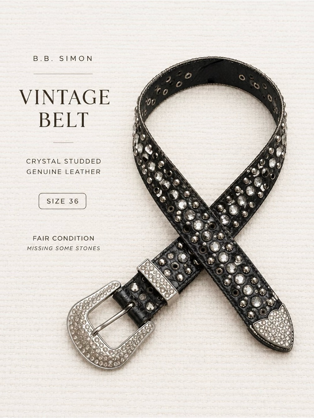 B.B. SIMON Vintage Black Crystal Studded Leather Belt Y2K Glam s/m